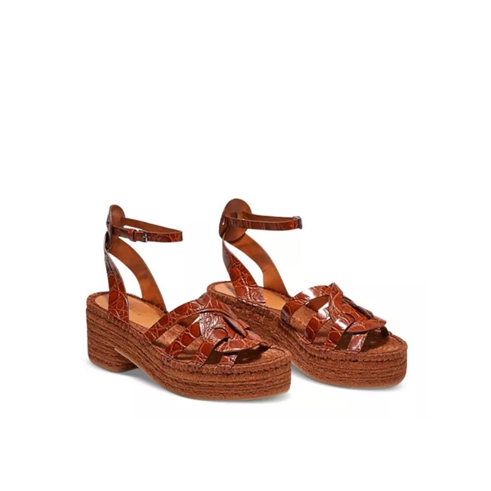 Robert Clergerie Brown Chaya Croc Embossed‎ Leather and Raffia Heels